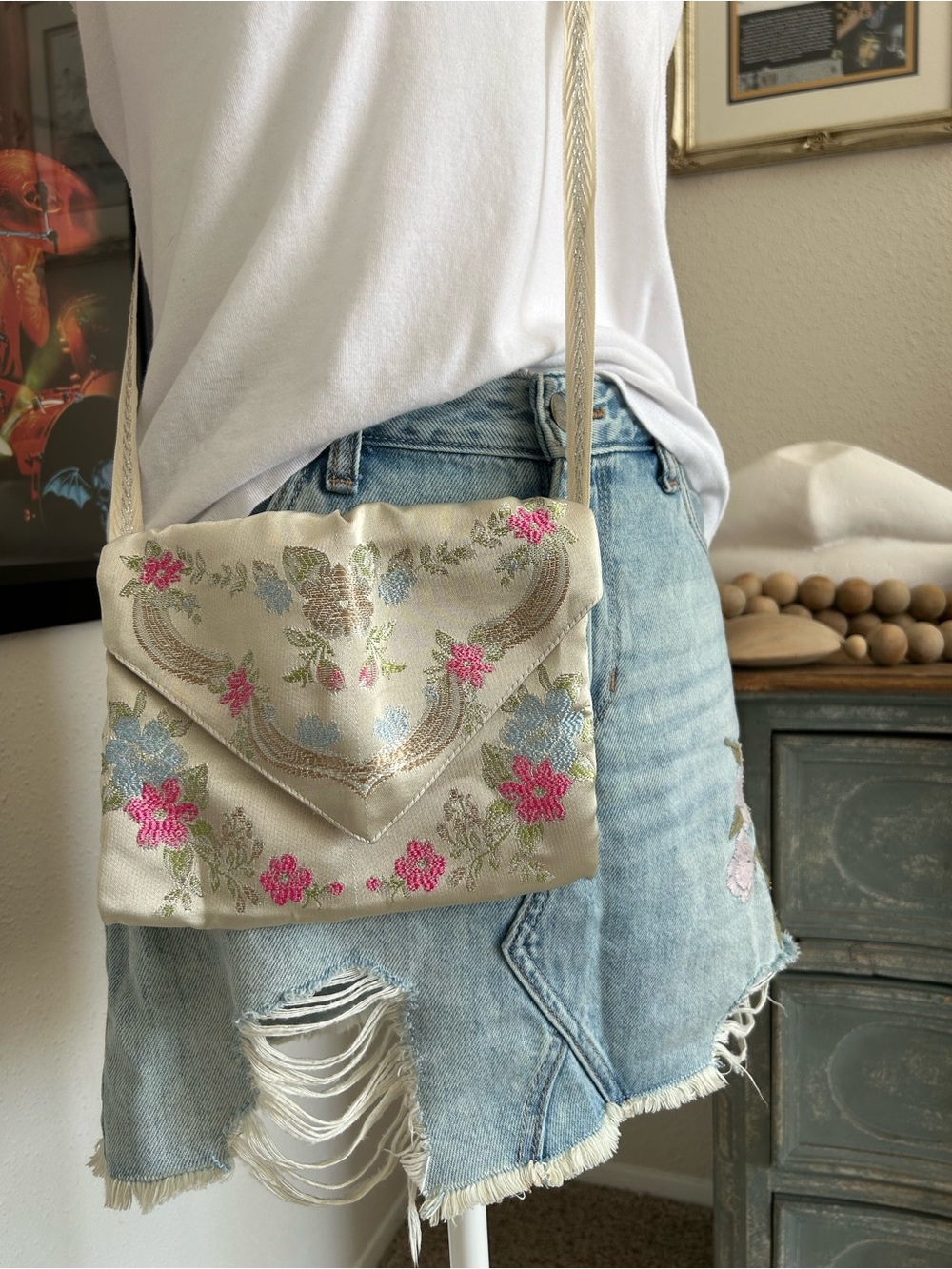 Vintage Silky Satin Embroidered Crossbody Floral Bag Fairycore Purse Whimsy Y2K